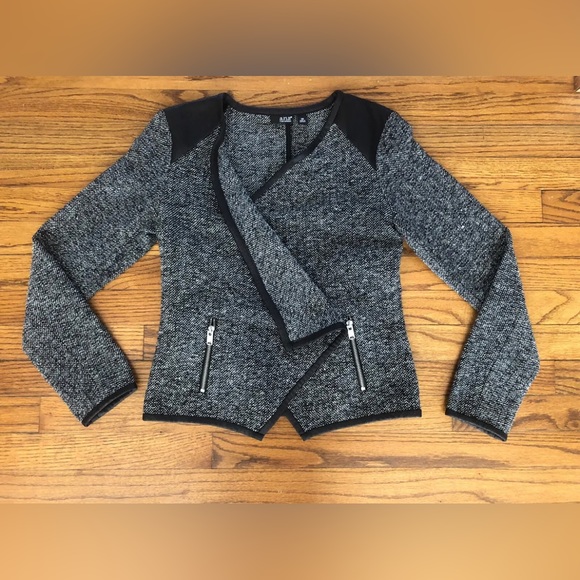 JCPenney A.n.a. Black White Tweed Faux Leather Open Blazer Jacket Women’s XS - Picture 6 of 7